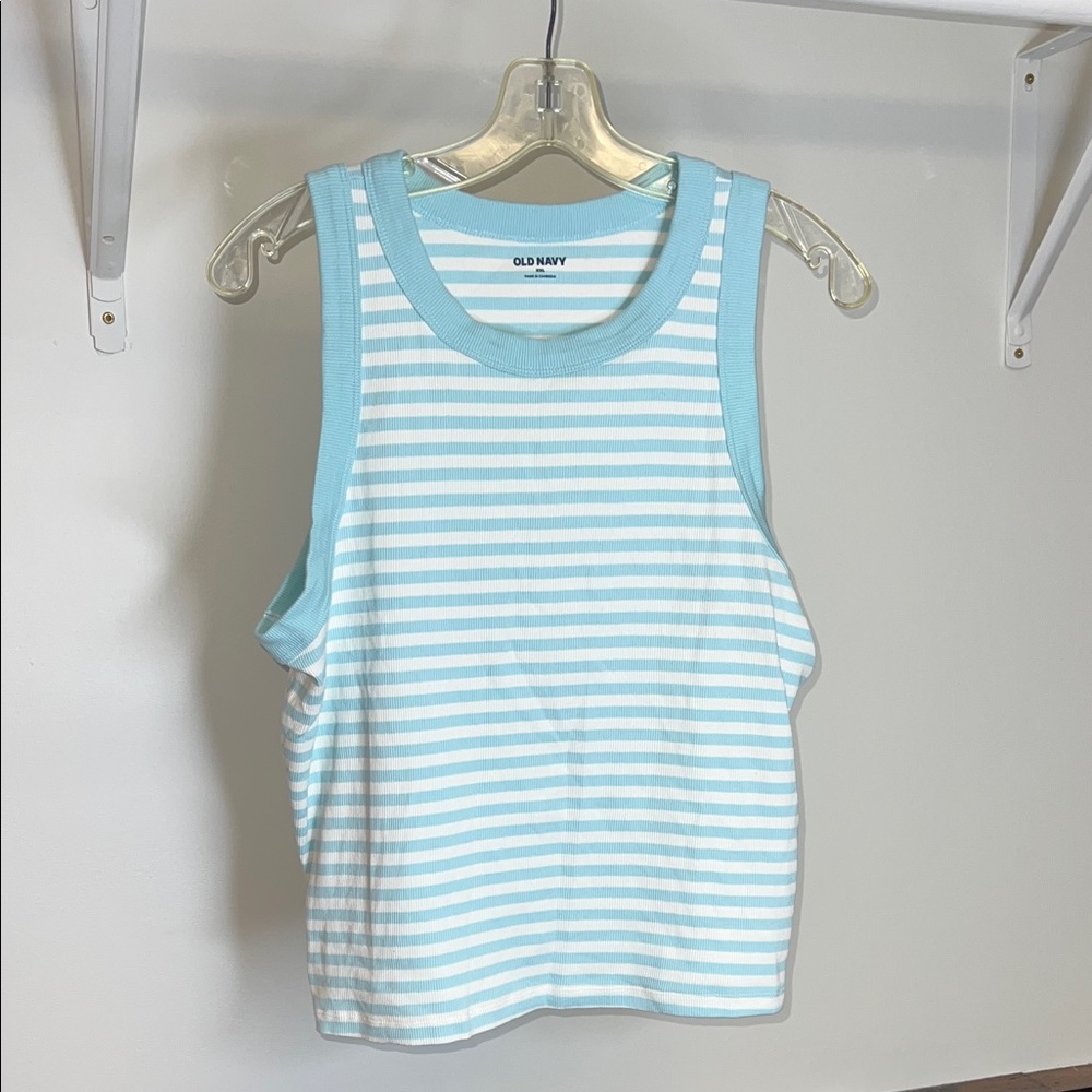 Old Navy Women's Light Blue and White Striped Tank Top- XXL